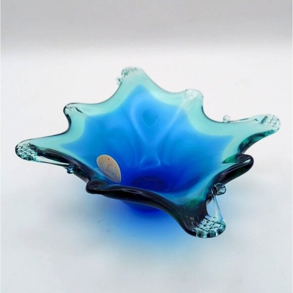 Hand Blown Murano Style Art Glass Trinket Dish Crystal Clear Blue Abstract Italy - Picture 5 of 10